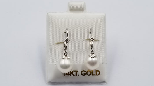 FRESHWATER CULTURE PEARL 9.5-10 MM 14 KT WHITE GOLD LEVER BACKS DANGLE EARRINGS
