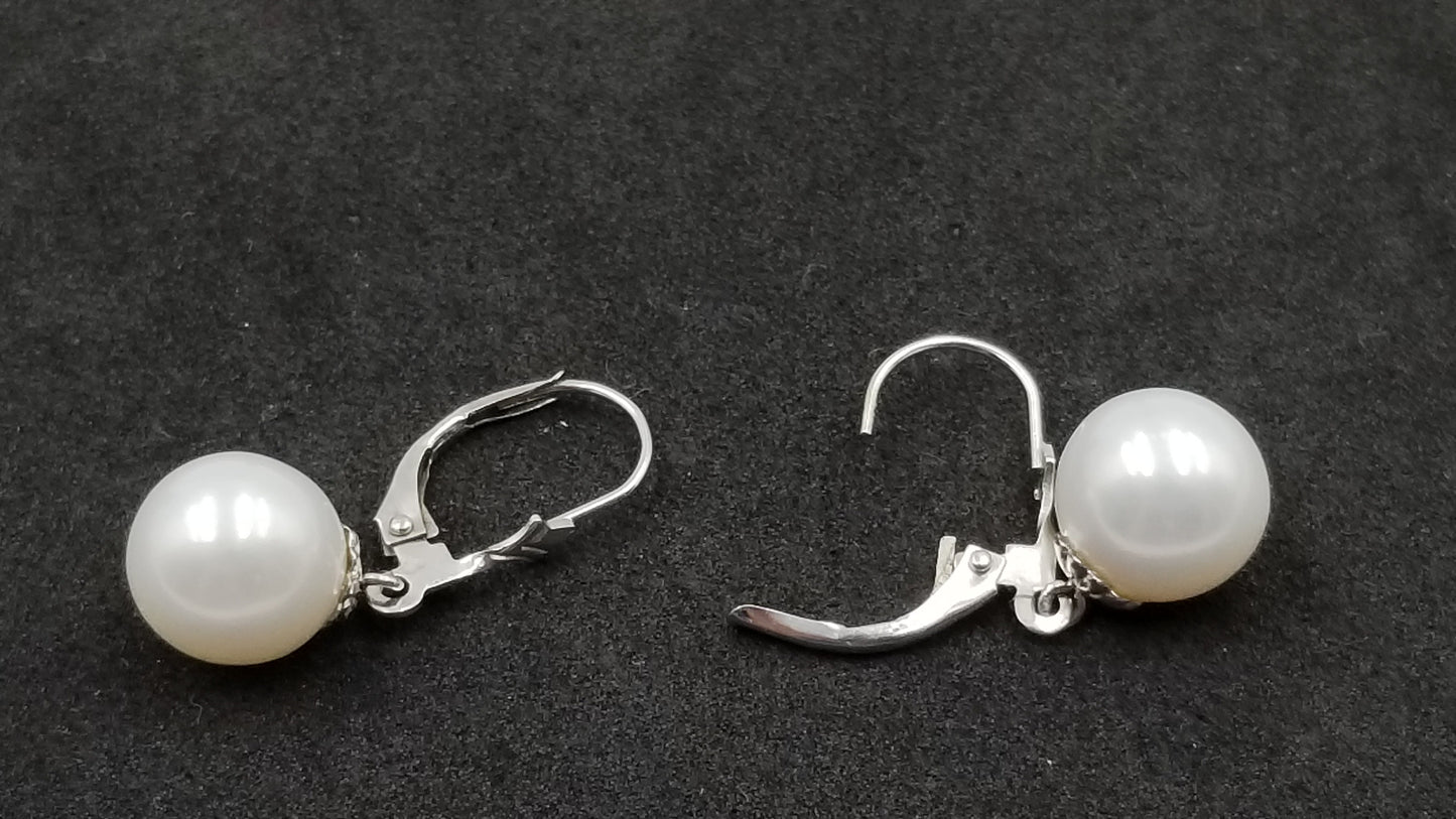 FRESHWATER CULTURE PEARL 9.5-10 MM 14 KT WHITE GOLD LEVER BACKS DANGLE EARRINGS