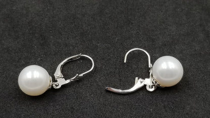 FRESHWATER CULTURE PEARL 9.5-10 MM 14 KT WHITE GOLD LEVER BACKS DANGLE EARRINGS