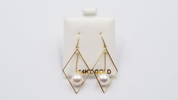 AKOYA CULTURE PEARL 8-8.5 MM 18 KT YELLOW GOLD DESIGNS WIRE DANGLE EARRINGS