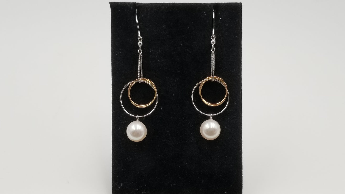 FRESHWATER CULTURE PEARL 8.5-9 MM 18 KT WHITE / YELLOW GOLD TWO TONE WIRE DANGLE EARRINGS