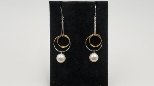 FRESHWATER CULTURE PEARL 8.5-9 MM 18 KT WHITE / YELLOW GOLD TWO TONE WIRE DANGLE EARRINGS