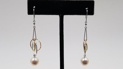 FRESHWATER CULTURE PEARL 8.5-9 MM 18 KT WHITE / YELLOW GOLD TWO TONE WIRE DANGLE EARRINGS