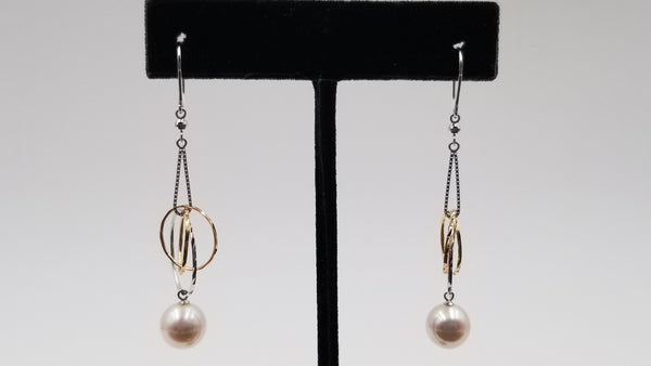 FRESHWATER CULTURE PEARL 8.5-9 MM 18 KT WHITE / YELLOW GOLD TWO TONE WIRE DANGLE EARRINGS