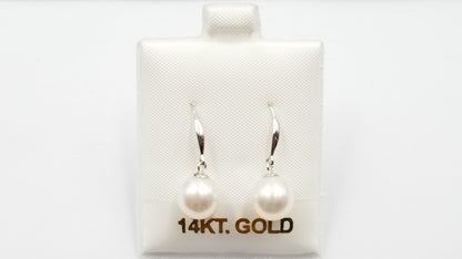 FRESHWATER CULTURE PEARL 8-8.5 MM 14 KT WHITE GOLD  WIRE DANGLE EARRINGS