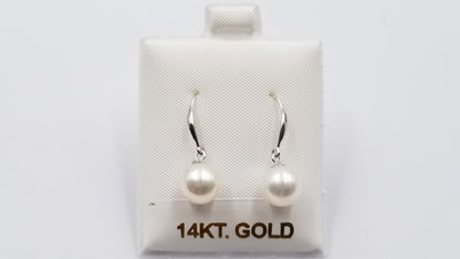 FRESHWATER CULTURED PEARL 7-7.5 MM 14 KT WHITE GOLD WIRE DANGLE EARRINGS