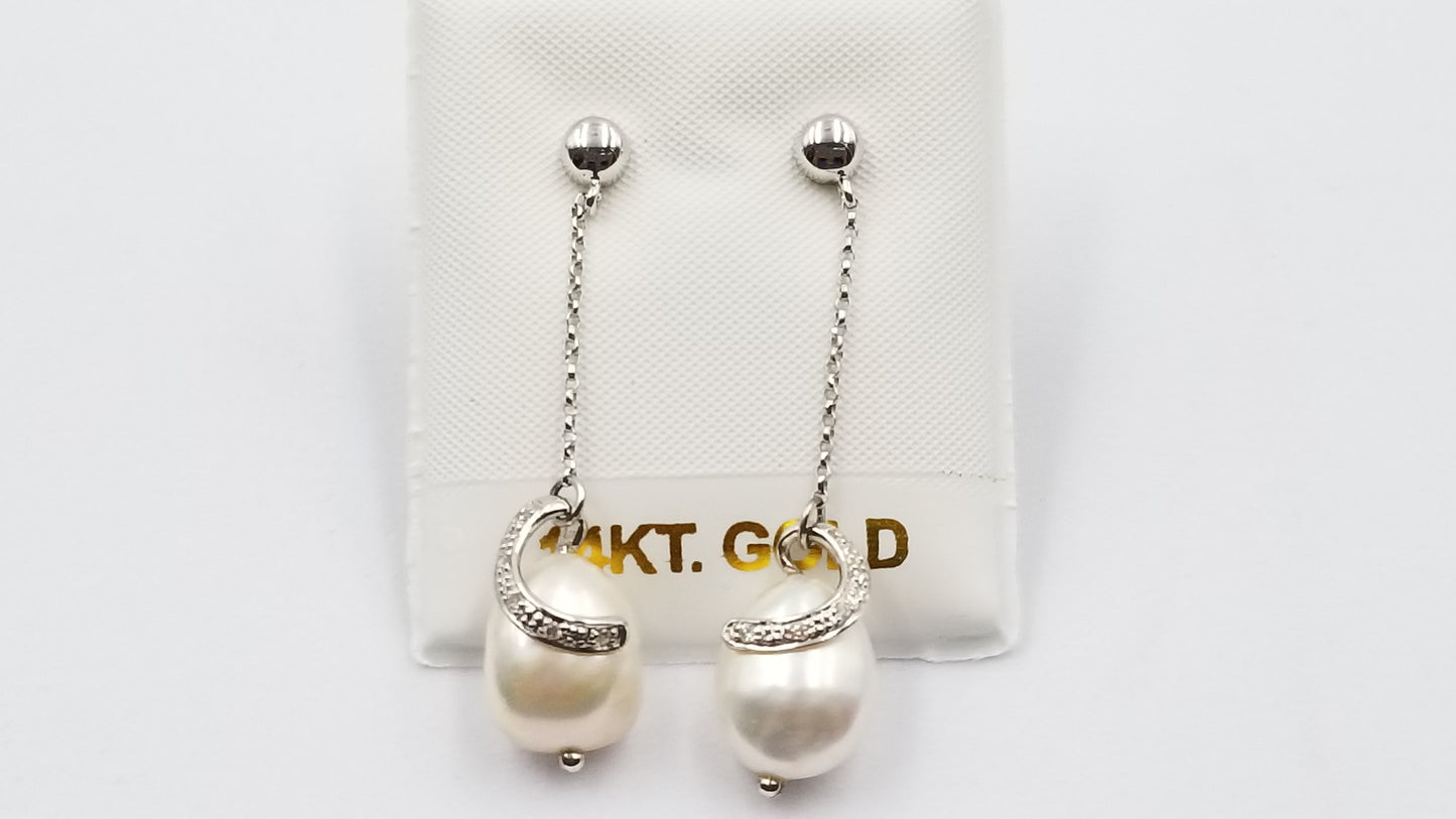 FRESHWATER BAROQUE PEARLS WITH DIAMONDS 14 KT WHITE GOLD PUSH BACKS DANGLE EARRINGS