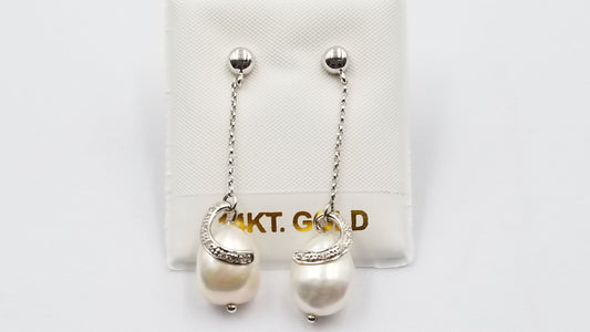 FRESHWATER BAROQUE PEARLS WITH DIAMONDS 14 KT WHITE GOLD PUSH BACKS DANGLE EARRINGS