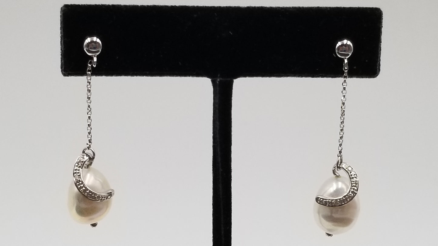 FRESHWATER BAROQUE PEARLS WITH DIAMONDS 14 KT WHITE GOLD PUSH BACKS DANGLE EARRINGS