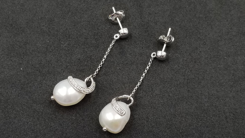 FRESHWATER BAROQUE PEARLS WITH DIAMONDS 14 KT WHITE GOLD PUSH BACKS DANGLE EARRINGS