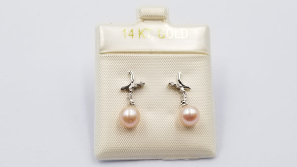 FRESHWATER CULTURE PEACH COLOR PEARL 6.5-7 MM WITH DIAMONDS 14 KT WHITE GOLD PUSH BACK DANGLE EARRINGS