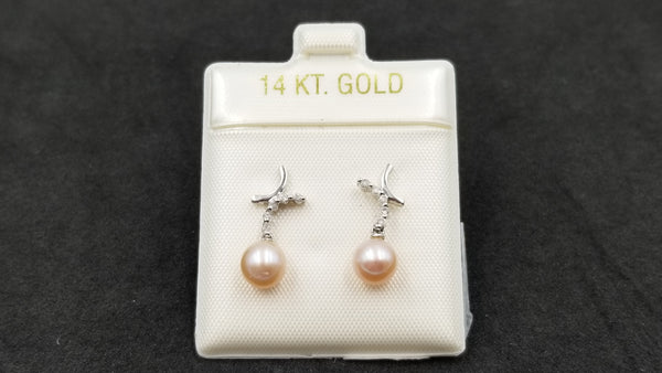 FRESHWATER CULTURE PEACH COLOR PEARL 6.5-7 MM WITH DIAMONDS 14 KT WHITE GOLD PUSH BACK DANGLE EARRINGS