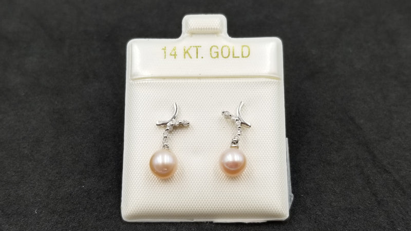 FRESHWATER CULTURE PEACH COLOR PEARL 6.5-7 MM WITH DIAMONDS 14 KT WHITE GOLD PUSH BACK DANGLE EARRINGS