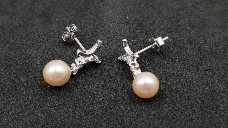 FRESHWATER CULTURE PEACH COLOR PEARL 6.5-7 MM WITH DIAMONDS 14 KT WHITE GOLD PUSH BACK DANGLE EARRINGS