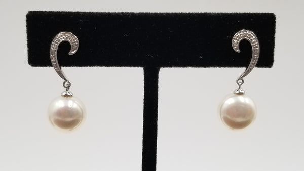 FRESHWATER POTATO PEARLS 10-11 MM WITH DIAMONDS 14 KT WHITE GOLD PUSH BACK DROP EARRINGS