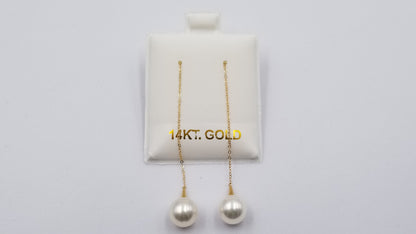 AKOYA CULTURE PEARL 8-8.5 MM 18 KT YELLOW GOLD LONG CHAIN DANGLE EARRINGS