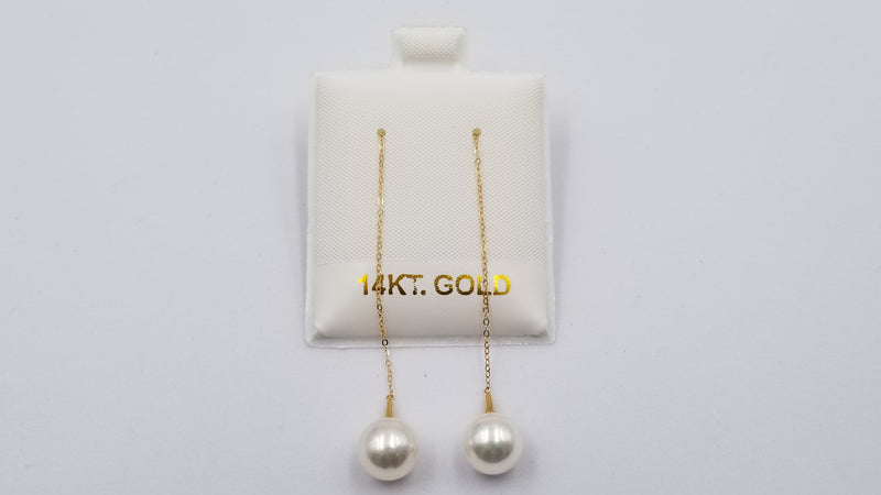 AKOYA CULTURE PEARL 8-8.5 MM 18 KT YELLOW GOLD LONG CHAIN DANGLE EARRINGS