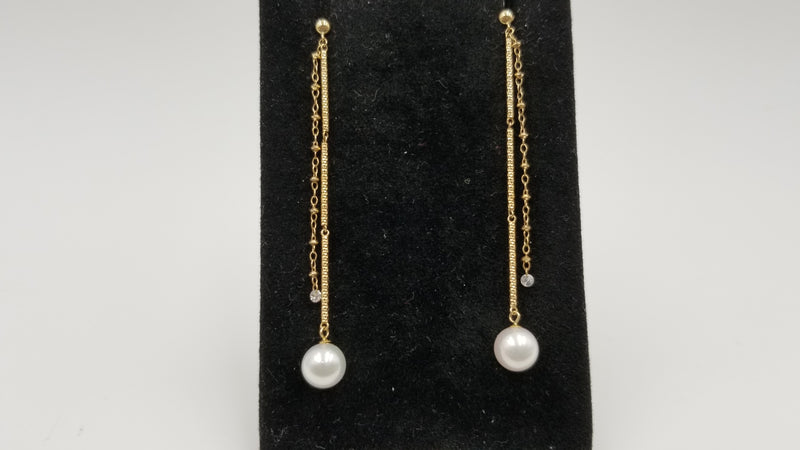 AKOYA CULTURE PEARL 7-7.5 MM WITH DIAMONDS 18 KT YELLOW GOLD LONG CHAIN EARRINGS