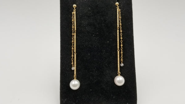 AKOYA CULTURE PEARL 7-7.5 MM WITH DIAMONDS 18 KT YELLOW GOLD LONG CHAIN EARRINGS