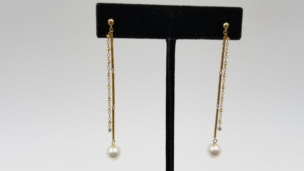 AKOYA CULTURE PEARL 7-7.5 MM WITH DIAMONDS 18 KT YELLOW GOLD LONG CHAIN EARRINGS