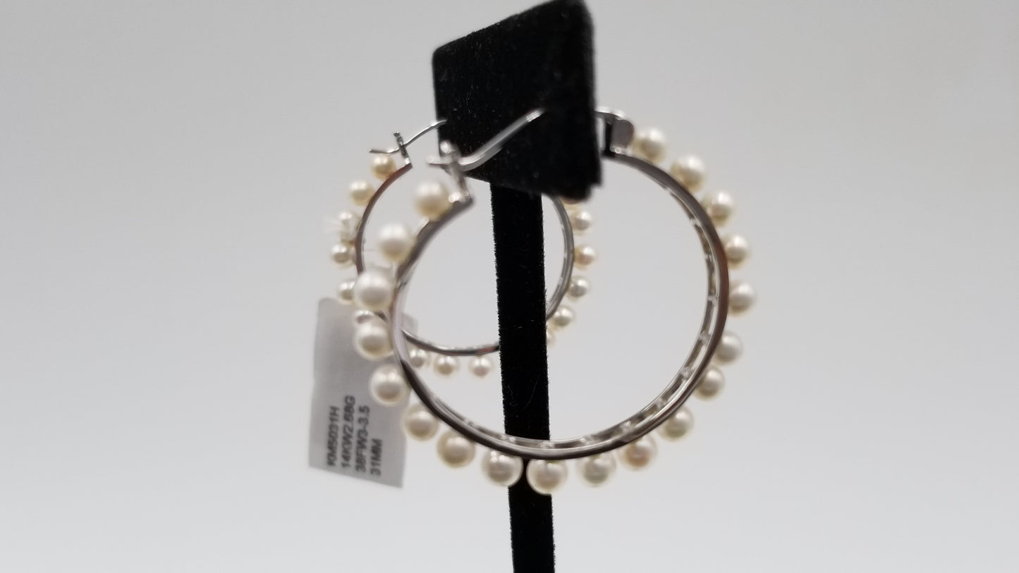 FRESHWATER CULTURE PEARL 3.5 MM 14 KT WHITE GOLD HOOP EARRINGS