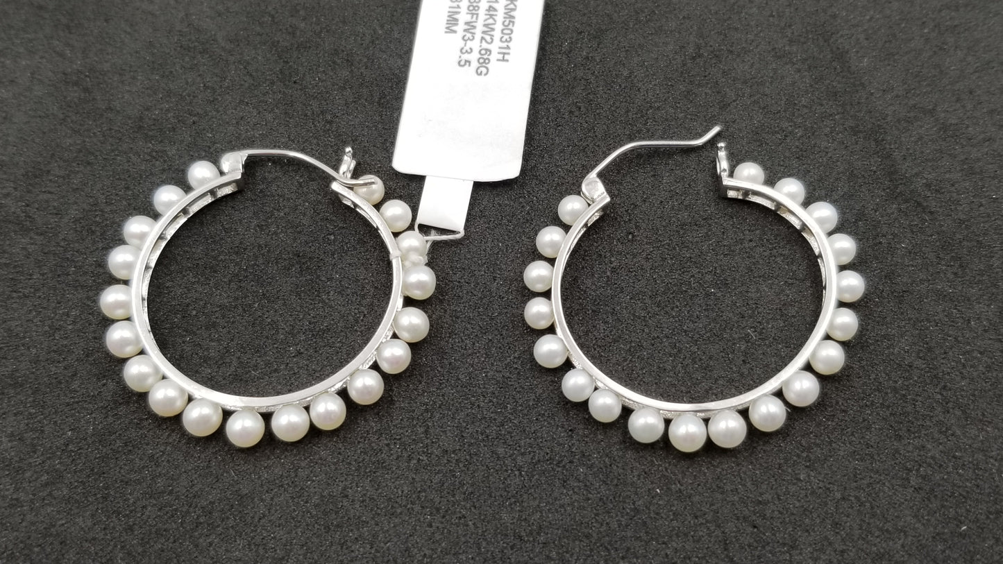 FRESHWATER CULTURE PEARL 3.5 MM 14 KT WHITE GOLD HOOP EARRINGS