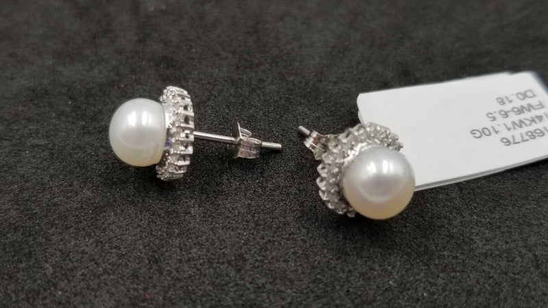 FRESHWATER CULTURE PEARL 6.5-7 MM WITH DIAMONDS 14 KT WHITE GOLD CLASSIC EARRINGS