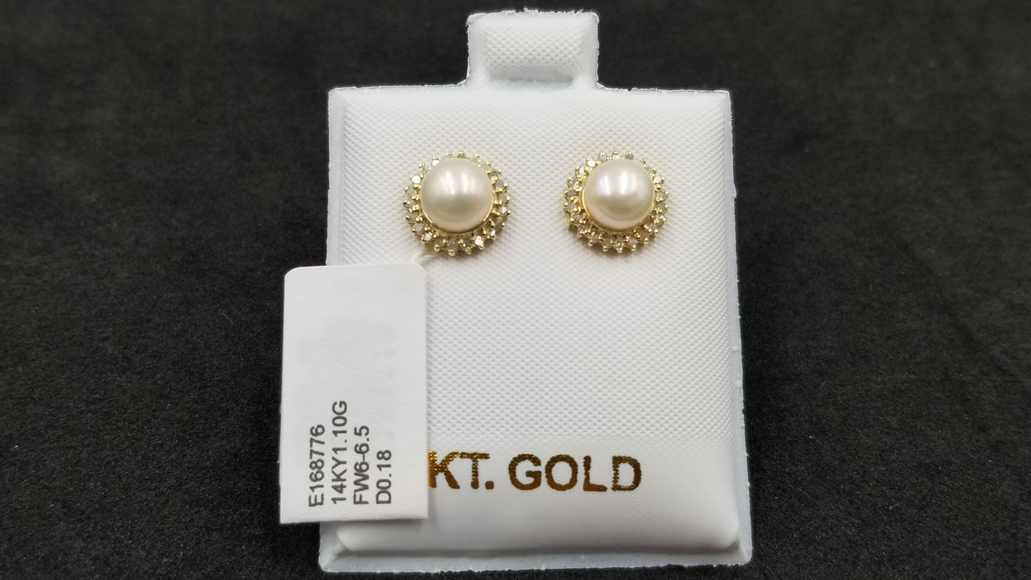 FRESHWATER CULTURE PEARL 6.5-7 MM WITH DIAMONDS 14 KT YELLOW GOLD CLASSIC EARRINGS