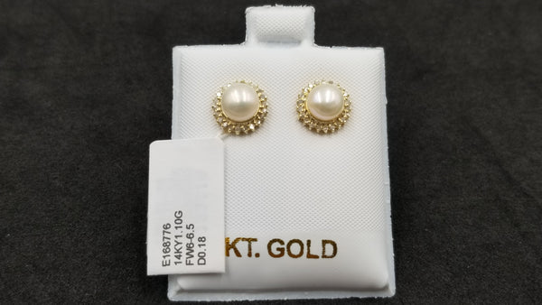 FRESHWATER CULTURE PEARL 6.5-7 MM WITH DIAMONDS 14 KT YELLOW GOLD CLASSIC EARRINGS