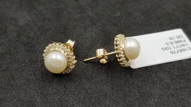 FRESHWATER CULTURE PEARL 6.5-7 MM WITH DIAMONDS 14 KT YELLOW GOLD CLASSIC EARRINGS