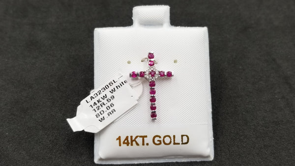 RUBY WITH DIAMONDS 14 KT WHITE GOLD CROSS PENDANT