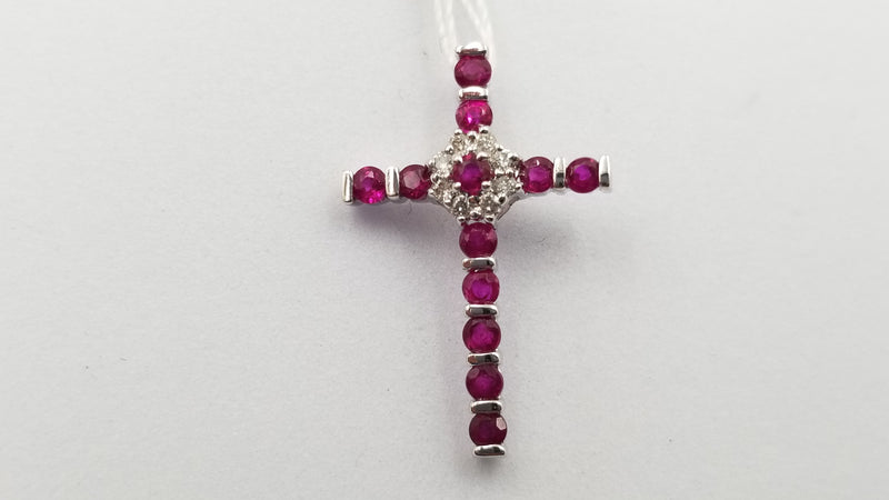 RUBY WITH DIAMONDS 14 KT WHITE GOLD CROSS PENDANT