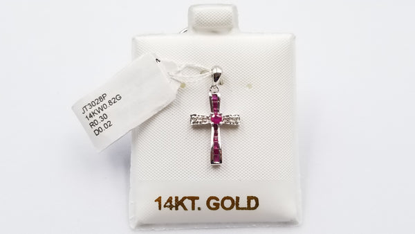 RUBY WITH DIAMONDS 14 KT WHITE GOLD CROSS PENDANT