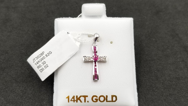 RUBY WITH DIAMONDS 14 KT WHITE GOLD CROSS PENDANT