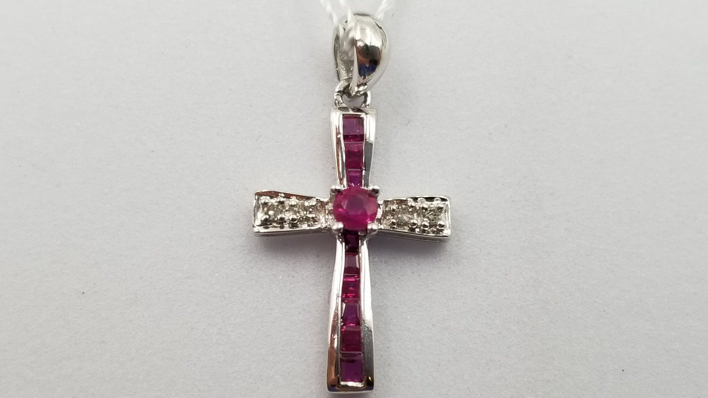 RUBY WITH DIAMONDS 14 KT WHITE GOLD CROSS PENDANT