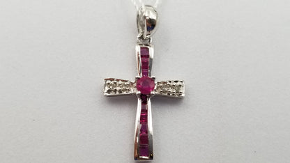 RUBY WITH DIAMONDS 14 KT WHITE GOLD CROSS PENDANT