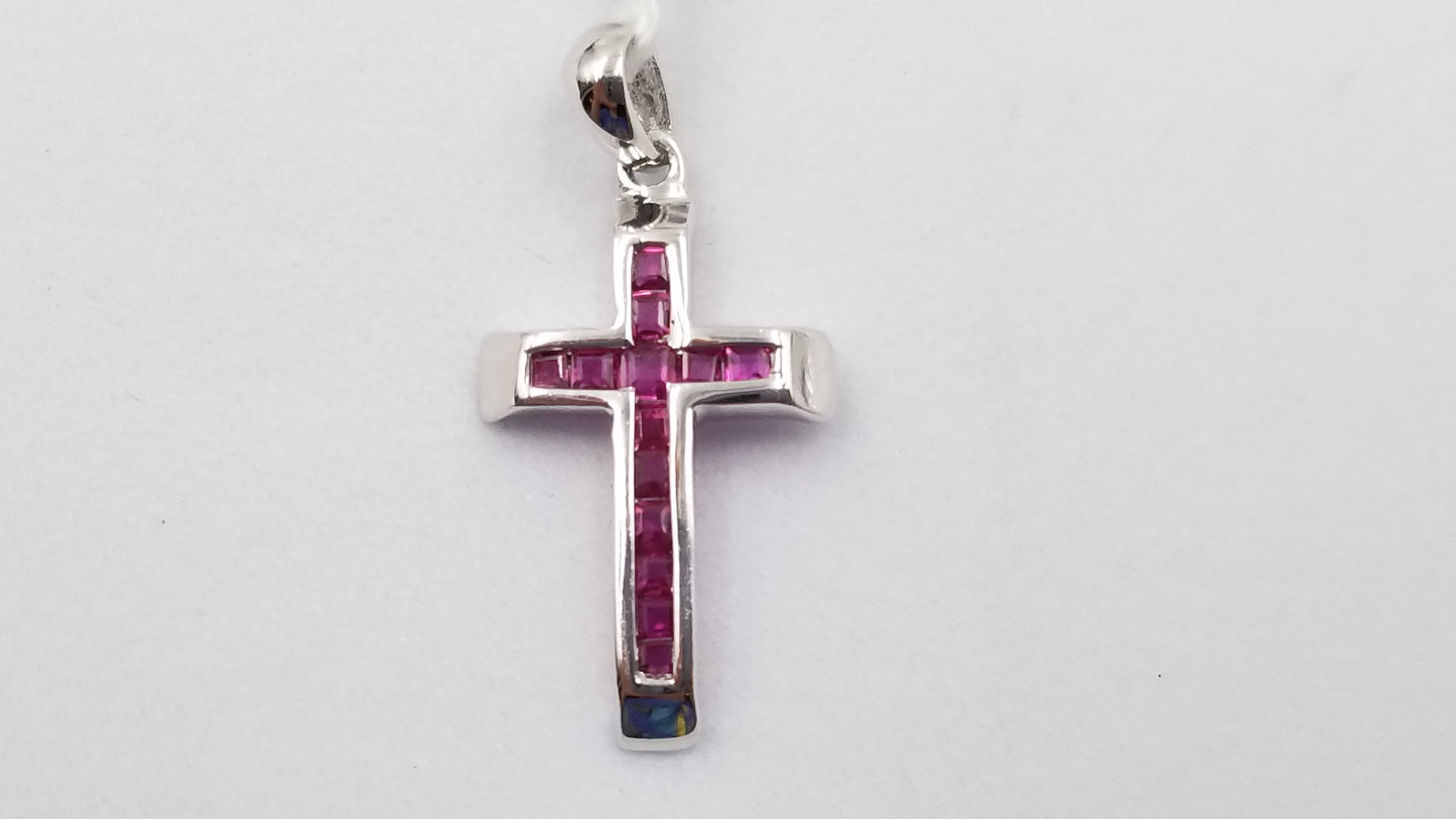 RUBY ( CHANNEL SET )14 KT WHITE GOLD CROSS PENDANT