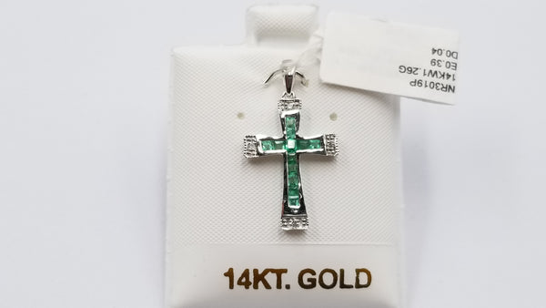 EMERALD WITH DIAMONDS CHANNEL SET 14 KT WHITE GOLD CROSS PENDANT