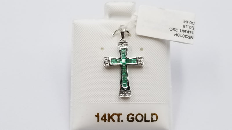 EMERALD WITH DIAMONDS CHANNEL SET 14 KT WHITE GOLD CROSS PENDANT