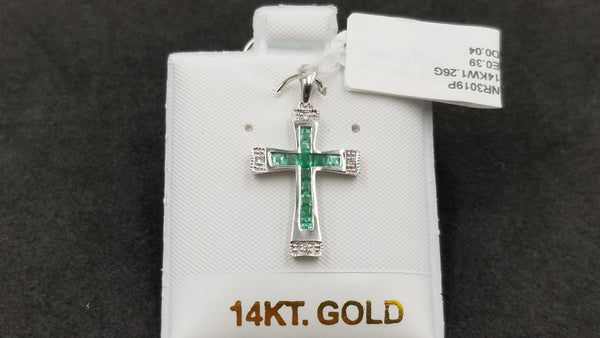 EMERALD WITH DIAMONDS CHANNEL SET 14 KT WHITE GOLD CROSS PENDANT