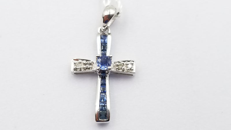 SAPPHIRES ( CHANNEL SET ) WITH DIAMONDS 18 KT WHITE GOLD CROSS PENDANT