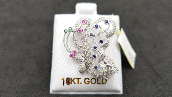 MULTI COLOR STONE ( SAPPHIRE/EMERALD/RUBY ) WITH DIAMONDS 18 KT WHITE GOLD BUTTERFLY PIN / PENDANT
