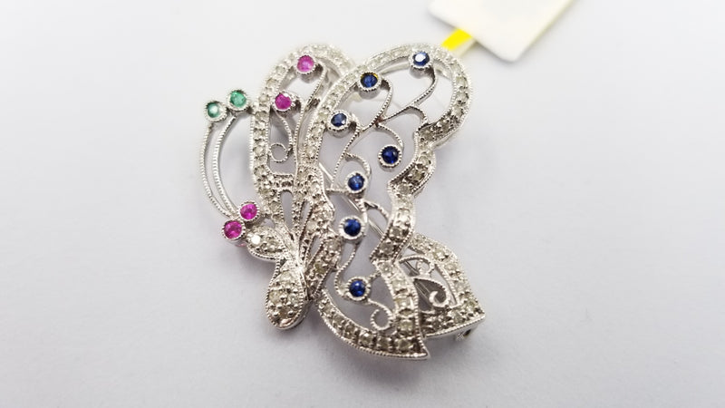 MULTI COLOR STONE ( SAPPHIRE/EMERALD/RUBY ) WITH DIAMONDS 18 KT WHITE GOLD BUTTERFLY PIN / PENDANT