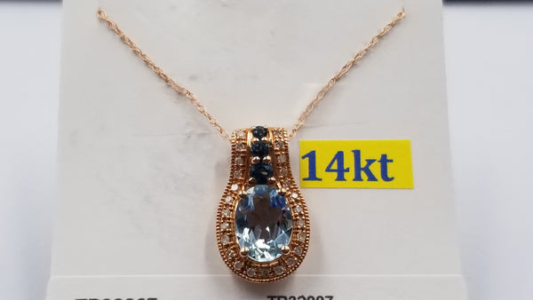 BLUE TOPAZ WITH DIAMONDS 14 KT PINK GOLD PENDANT