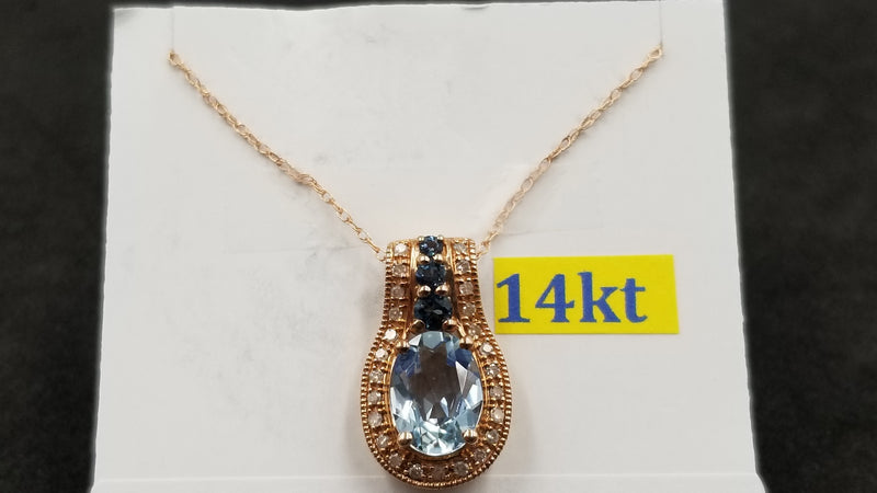 BLUE TOPAZ WITH DIAMONDS 14 KT PINK GOLD PENDANT