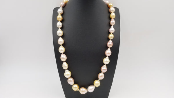 MULTI COLORED GOLDEN SOUTHSEA /PINK FRESHWATER BAROQUE PEARLS 34" LONG GRADUATED NECKLACE