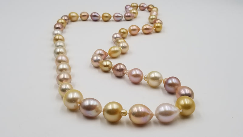 MULTI COLORED GOLDEN SOUTHSEA /PINK FRESHWATER BAROQUE PEARLS 34" LONG GRADUATED NECKLACE