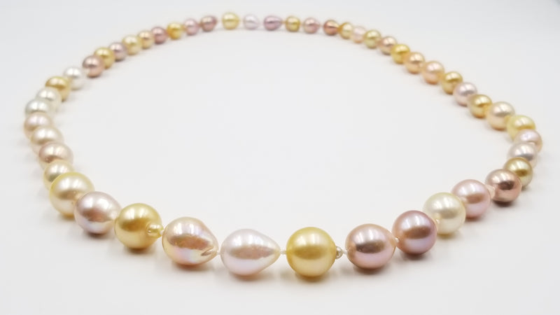 MULTI COLORED GOLDEN SOUTHSEA /PINK FRESHWATER BAROQUE PEARLS 34" LONG GRADUATED NECKLACE