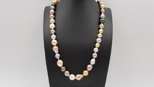 MULTI COLORED GOLDEN SOUTHSEA / TAHITIAN /PINK COLORED FRESHWATER BAROQUE PEARL 35 " LONG NECKLACE