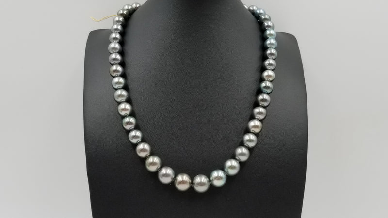 BLACK TAHITIAN PEACOCK COLOR PEARL 8.5-11.5 MM STERLING SILVER CLASP 17 " NECKLACE